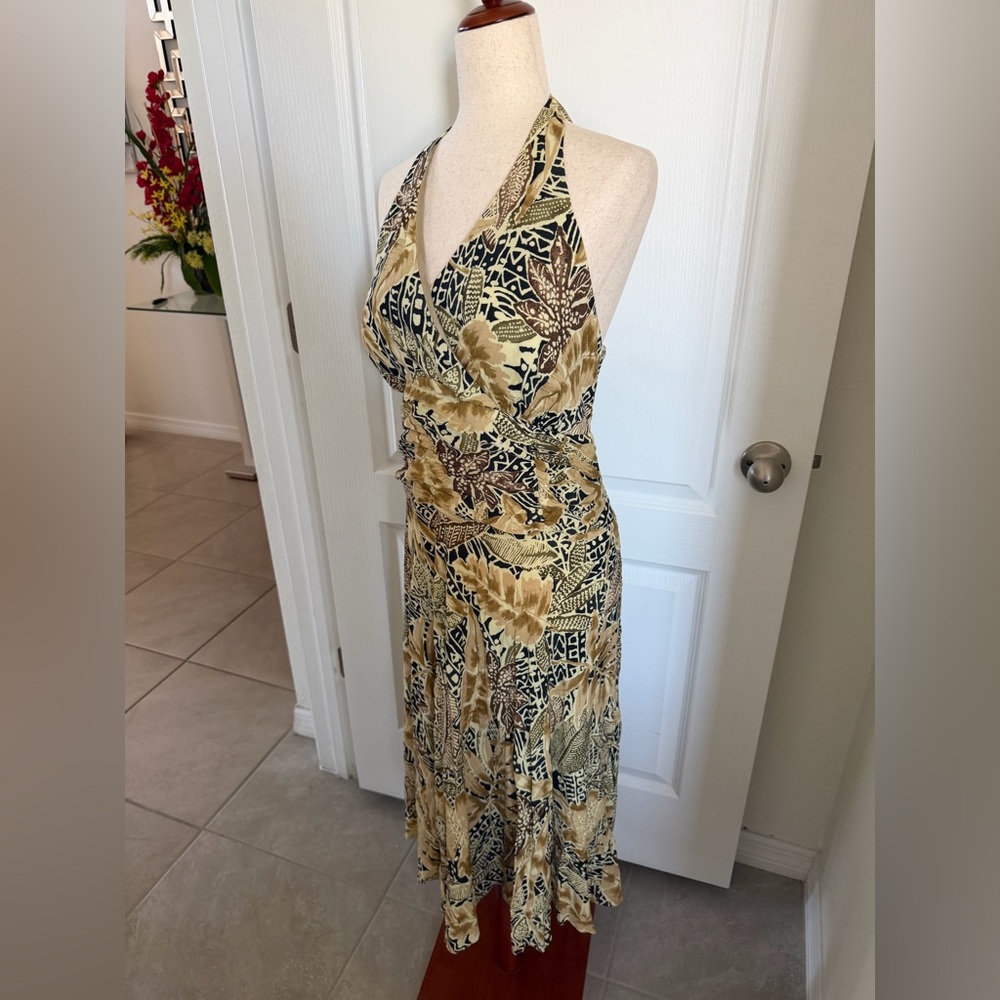 Vintage y2k Tropical Tribal Vacation Halter Midi Dress Resortwear Hawaiian Print